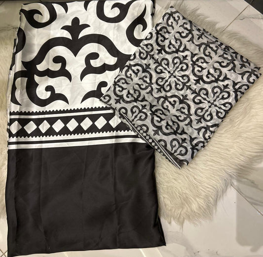 Elegant Black & White Silk Unstitched Suit - 3 Piece Set