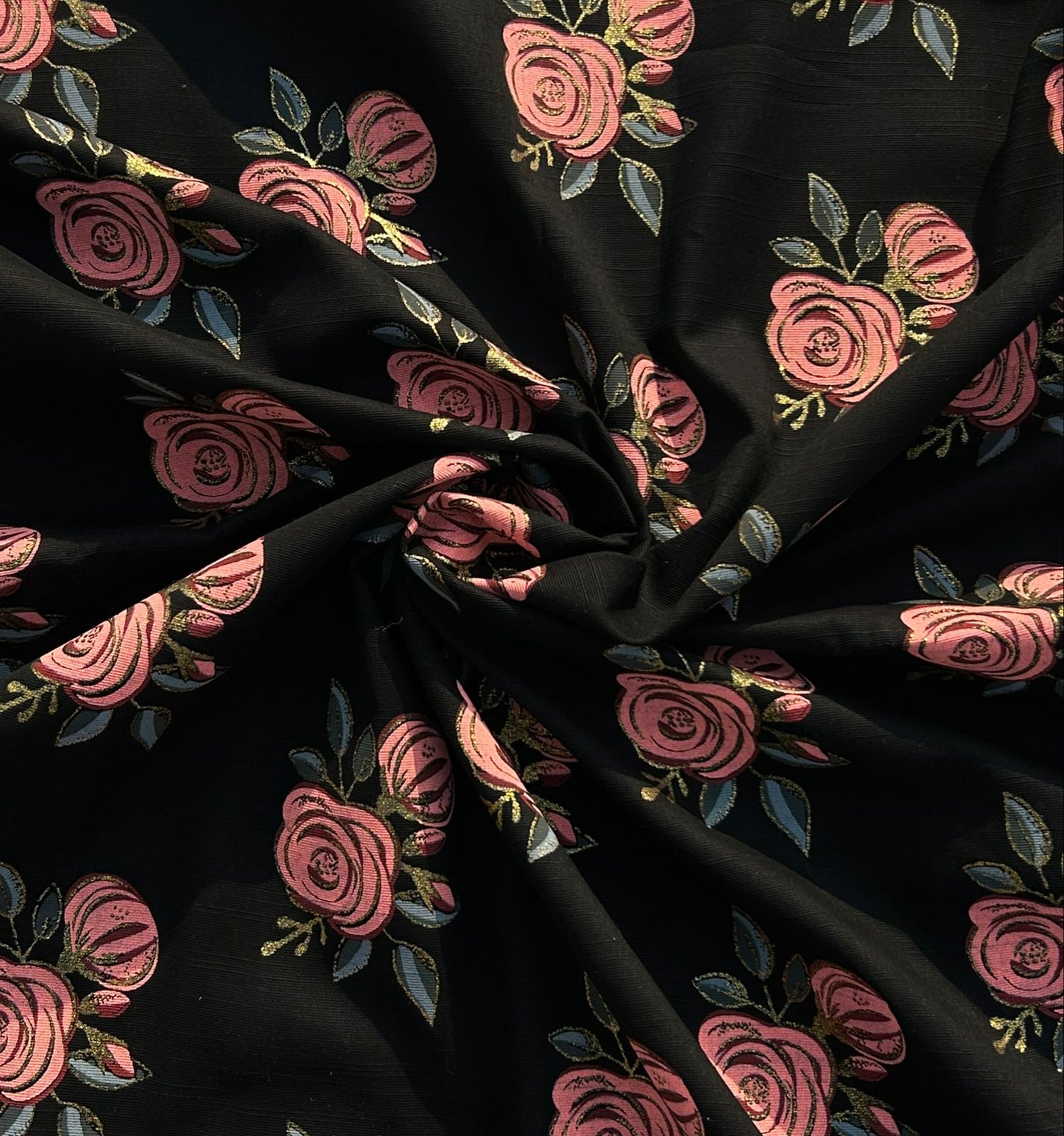 Unstitched Khaddar Suit - Black with Pink and Green Floral Design